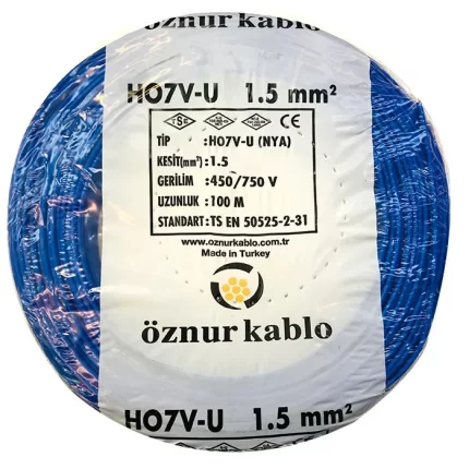 1,5 mm NYA Kablo Mavi H07V-U PVC İzoleli 450-750V Tek damarlı Tek Telli
