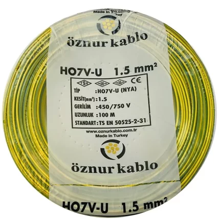 1,5 mm NYA Kablo Sarıyeşil H07V-U PVC İzoleli 450-750V Tek damarlı Tek Telli