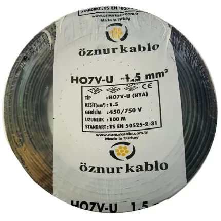 1,5 mm NYA Kablo Siyah H07V-U PVC İzoleli 450-750V Tek damarlı Tek Telli
