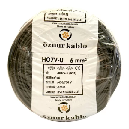 Öznur 6 mm NYA Kablo Siyah (H07V-U) PVC İzoleli 450/750V Tek damarlı Tek Telli