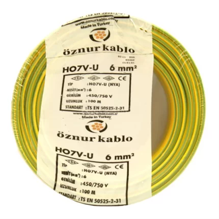 Öznur 6 mm NYA Kablo Sarı Yeşil (H07V-U) PVC İzoleli 450/750V Tek damarlı Tek Telli