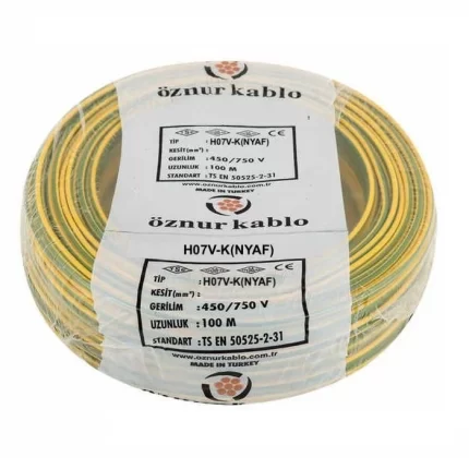 Öznur Sarı-Yeşil NYAF Kablo (H07V-K) PVC İzoleli Tek damarlı İnce Çok Telli 450V-750 V
