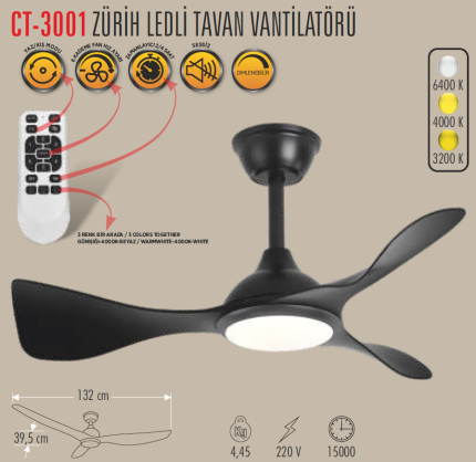 Cata CT-3001 Zürih Ledli Tavan Vantilatörü